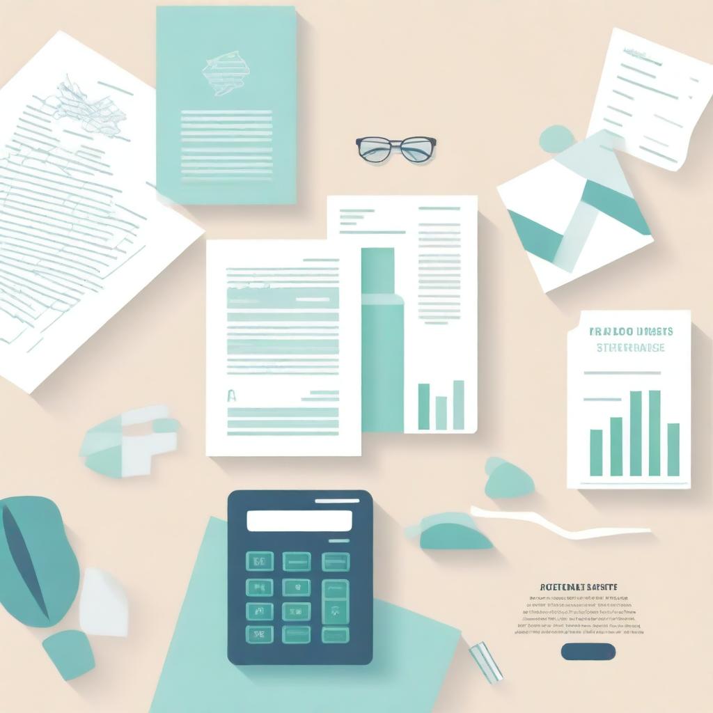 A clean and minimalist background image featuring visual elements representing accounting: a calculator, account books, financial charts, and accounting documents