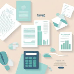 A clean and minimalist background image featuring visual elements representing accounting: a calculator, account books, financial charts, and accounting documents