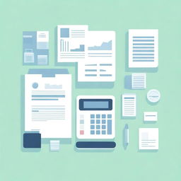 A clean and minimalist background image featuring visual elements representing accounting: a calculator, account books, financial charts, and accounting documents