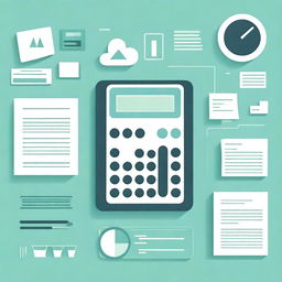 A clean and minimalist background image featuring visual elements representing accounting: a calculator, account books, financial charts, and accounting documents