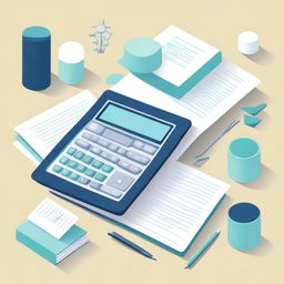 A clean and minimalist background image featuring visual elements representing accounting: a calculator, account books, financial charts, and accounting documents