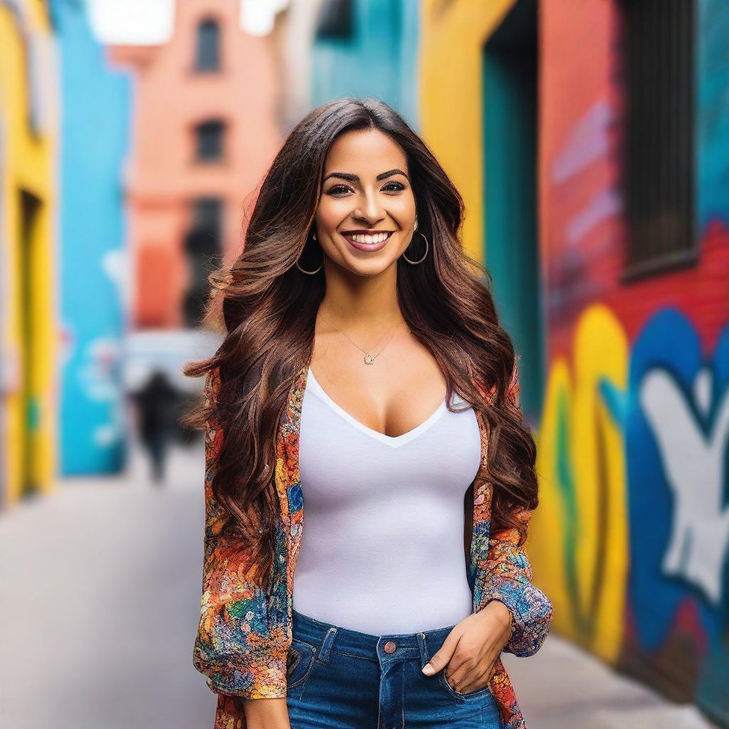 A beautiful Latina woman with a confident and stylish appearance, standing in a vibrant urban setting