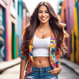 A beautiful Latina woman with a confident and stylish appearance, standing in a vibrant urban setting