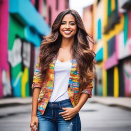 A beautiful Latina woman with a confident and stylish appearance, standing in a vibrant urban setting