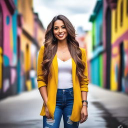 A beautiful Latina woman with a confident and stylish appearance, standing in a vibrant urban setting