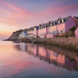 A vibrant sunrise scene over a peaceful seaside town, the first rays of light illuminating the quaint houses and the calm, rippling sea, the sky painted in hues of pink and orange, signifying a new beginning.