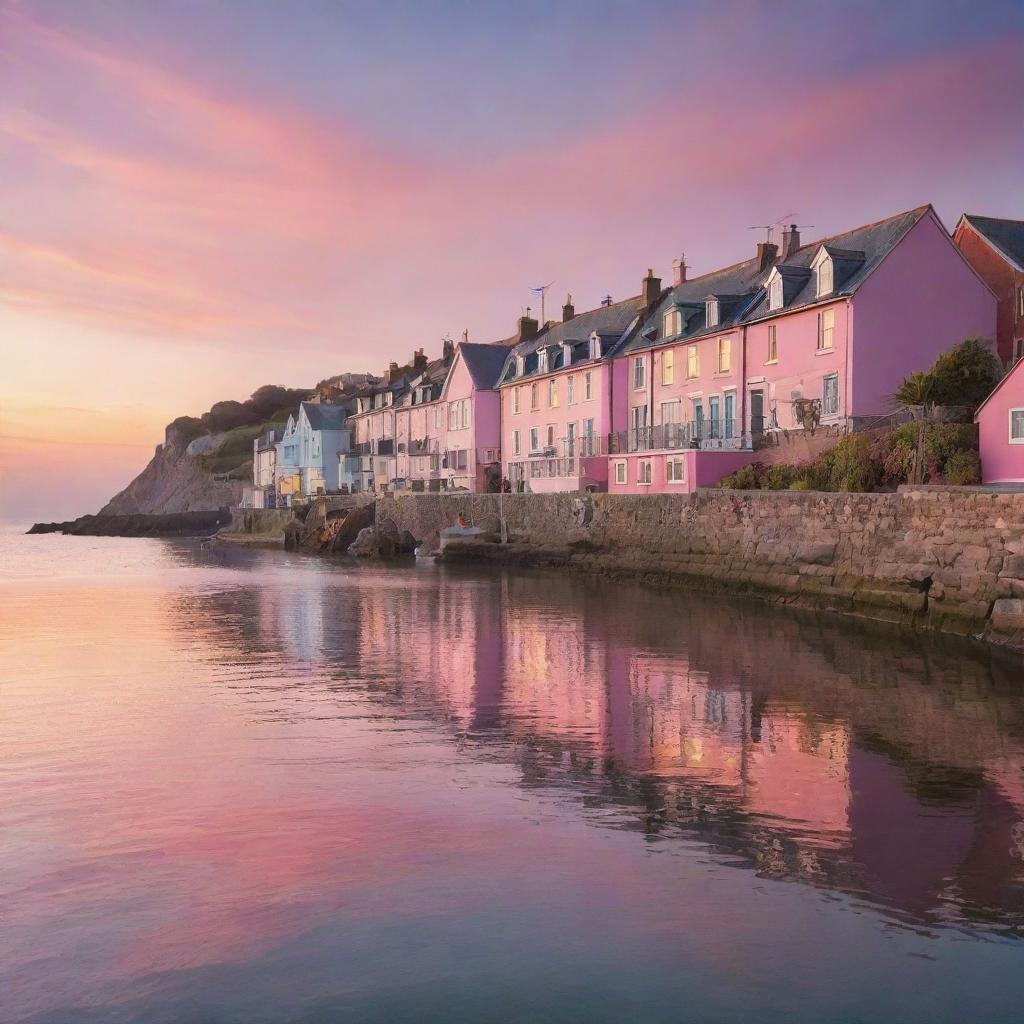 A vibrant sunrise scene over a peaceful seaside town, the first rays of light illuminating the quaint houses and the calm, rippling sea, the sky painted in hues of pink and orange, signifying a new beginning.