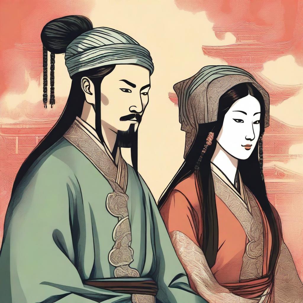 A medieval European woman wearing a head veil is facing the left, while a Chinese man with a top knot and long hair is facing the right