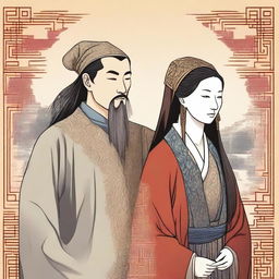 A medieval European woman wearing a head veil is facing the left, while a Chinese man with a top knot and long hair is facing the right
