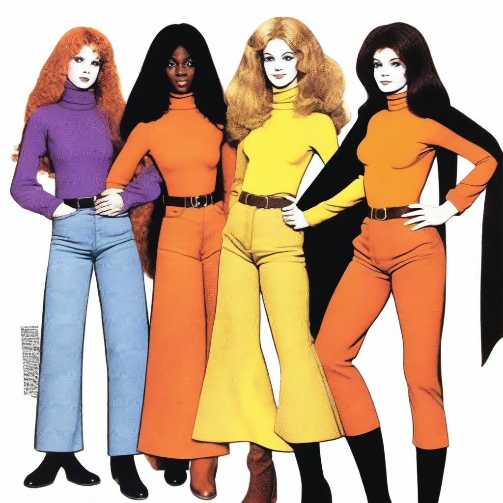 Three witches from the 1970s: a white girl with blond wavy hair and blue eyes wearing flared jeans and an orange yellow top, a black girl with curly black hair wearing a long purple skirt and a top with flared sleeves, and a white girl with straight brown hair wearing a brown skirt and turtle neck