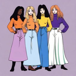 Three witches from the 1970s: a white girl with blond wavy hair and blue eyes wearing flared jeans and an orange yellow top, a black girl with curly black hair wearing a long purple skirt and a top with flared sleeves, and a white girl with straight brown hair wearing a brown skirt and turtle neck