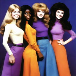 Three witches from the 1970s: a white girl with blond wavy hair and blue eyes wearing flared jeans and an orange yellow top, a black girl with curly black hair wearing a long purple skirt and a top with flared sleeves, and a white girl with straight brown hair wearing a brown skirt and turtle neck