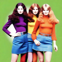 Three witches from the 1970s: a white girl with blond wavy hair and blue eyes wearing flared jeans and an orange yellow top, a black girl with curly black hair wearing a long purple skirt and a top with flared sleeves, and a white girl with straight brown hair wearing a brown skirt and turtle neck