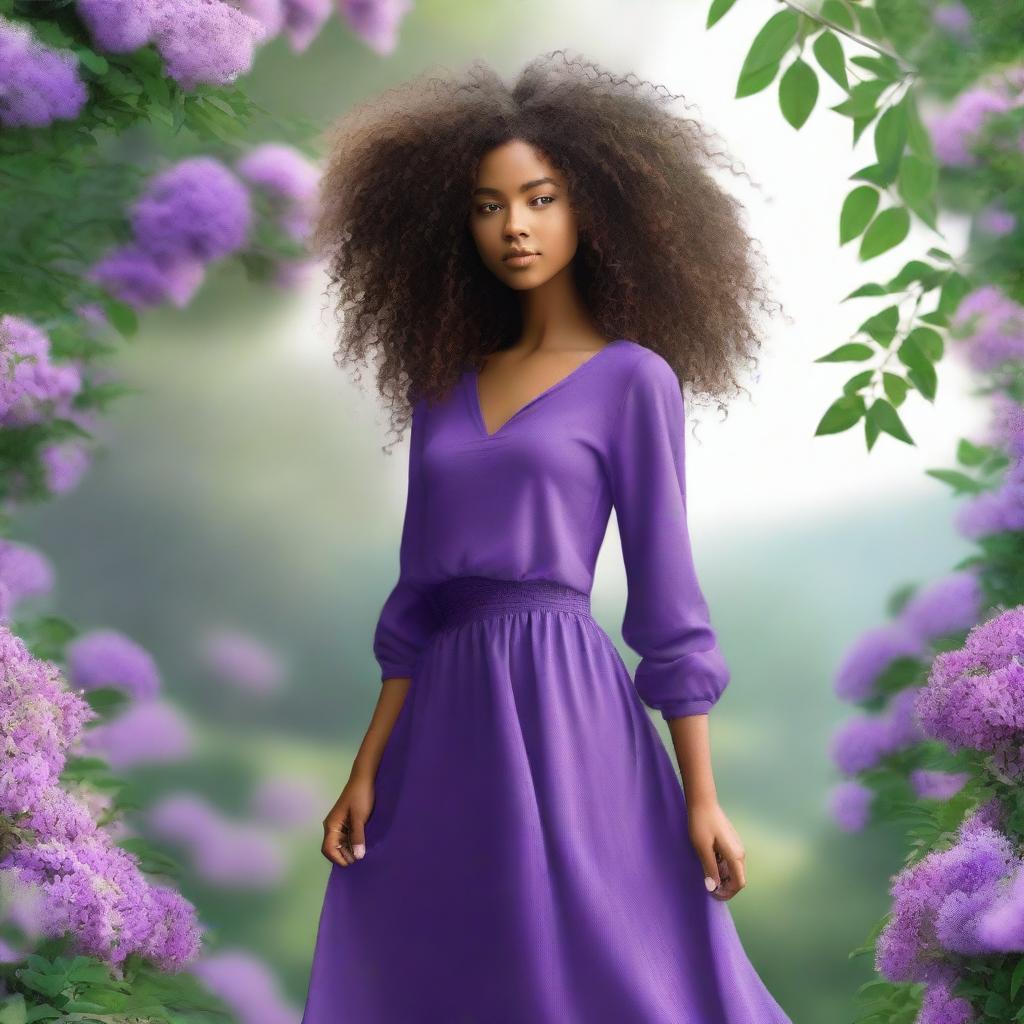 A black girl with curly hair wearing a long purple skirt and a top with long sleeves