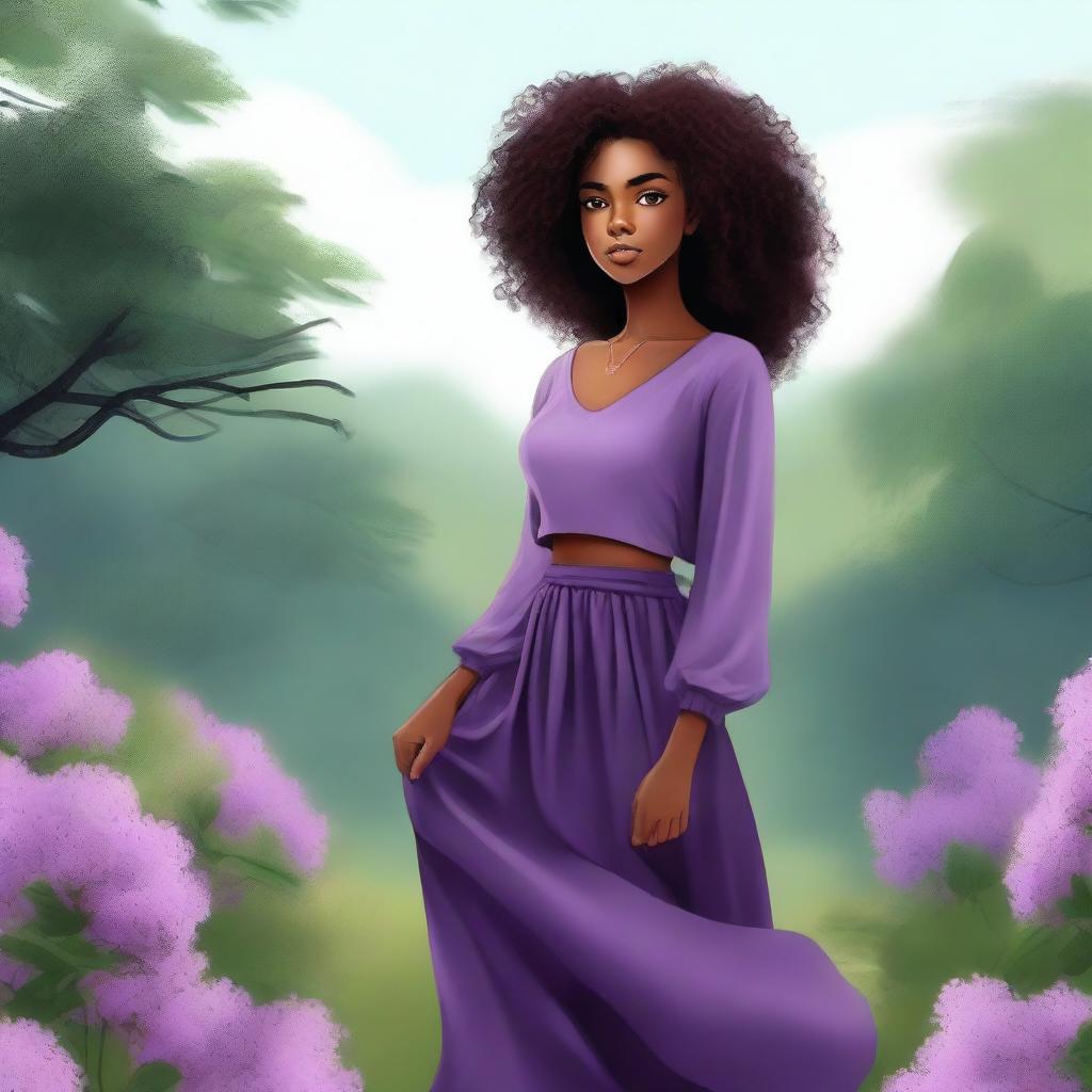 A black girl with curly hair wearing a long purple skirt and a top with long sleeves