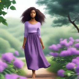 A black girl with curly hair wearing a long purple skirt and a top with long sleeves