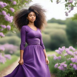 A black girl with curly hair wearing a long purple skirt and a top with long sleeves