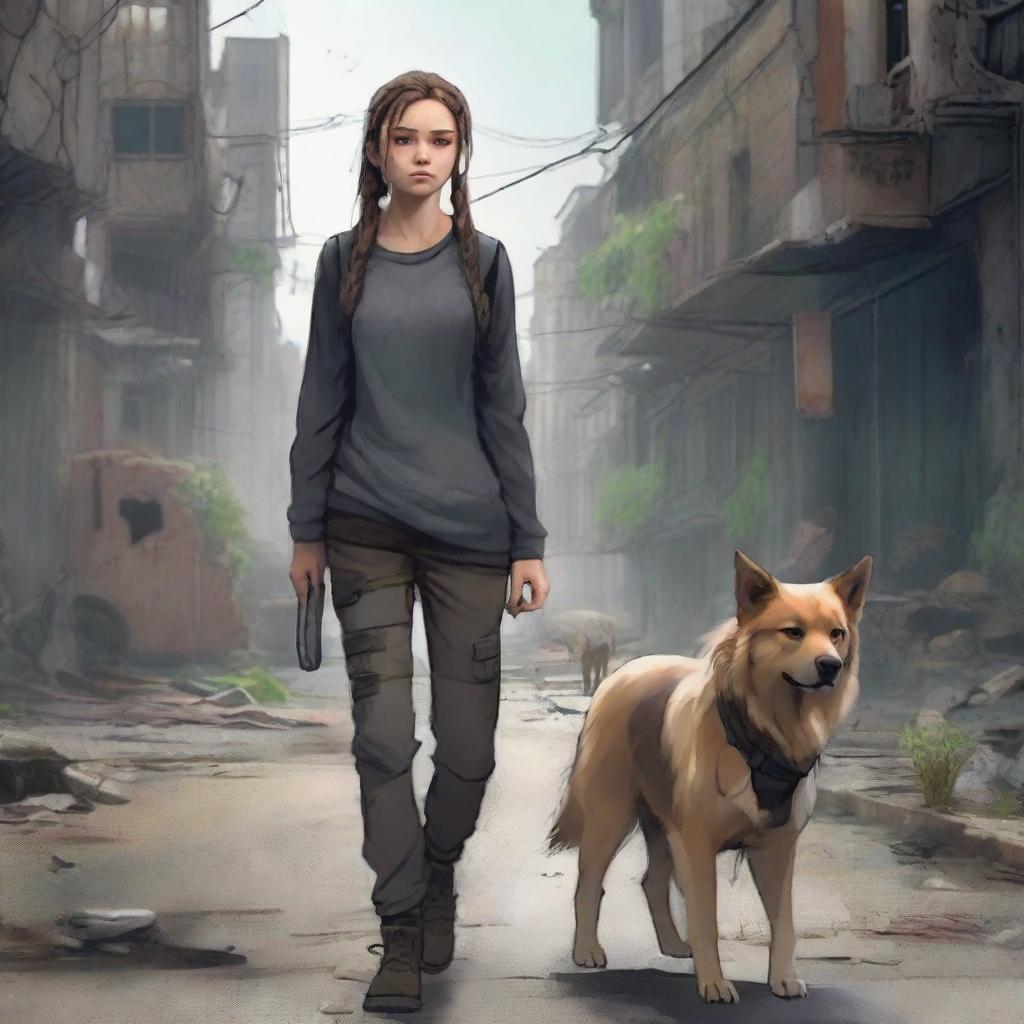 A 13-year-old girl with brunette hair pulled into a braid, freckles, and a scar on her eye, walking through a post-apocalyptic city next to her Golden Shepherd dog