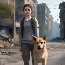 A 13-year-old girl with brunette hair pulled into a braid, freckles, and a scar on her eye, walking through a post-apocalyptic city next to her Golden Shepherd dog