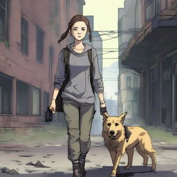 A 13-year-old girl with brunette hair pulled into a braid, freckles, and a scar on her eye, walking through a post-apocalyptic city next to her Golden Shepherd dog