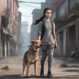 A 13-year-old girl with brunette hair pulled into a braid, freckles, and a scar on her eye, walking through a post-apocalyptic city next to her Golden Shepherd dog