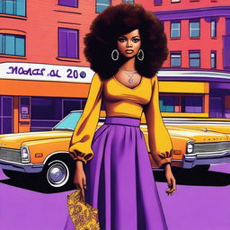 A black girl with curly hair wearing a long purple skirt and a top with long sleeves in the 1970s