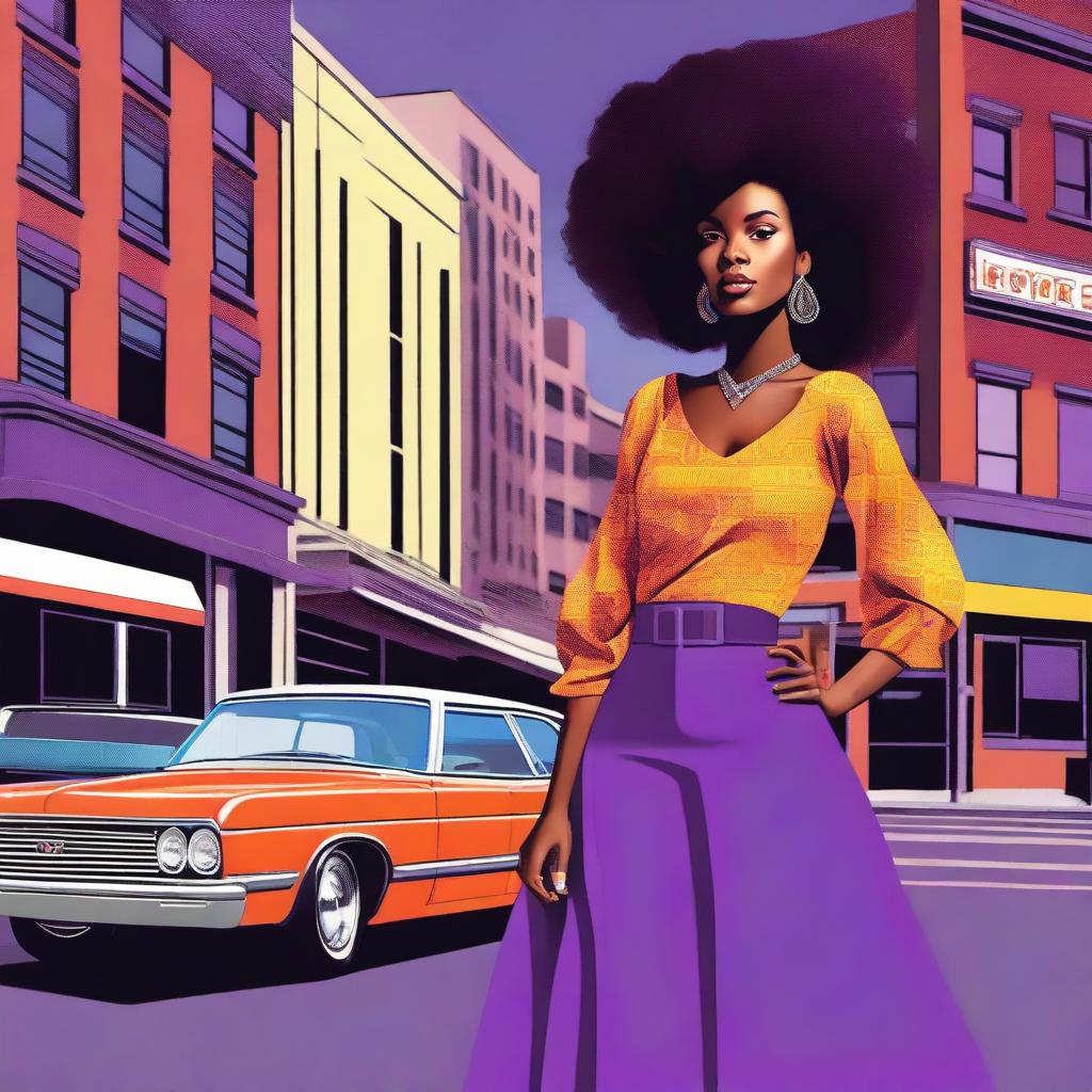 A black girl with curly hair wearing a long purple skirt and a top with long sleeves in the 1970s