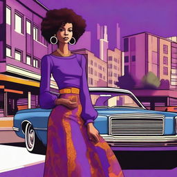 A black girl with curly hair wearing a long purple skirt and a top with long sleeves in the 1970s