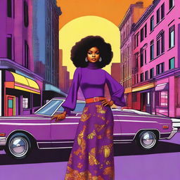 A black girl with curly hair wearing a long purple skirt and a top with long sleeves in the 1970s