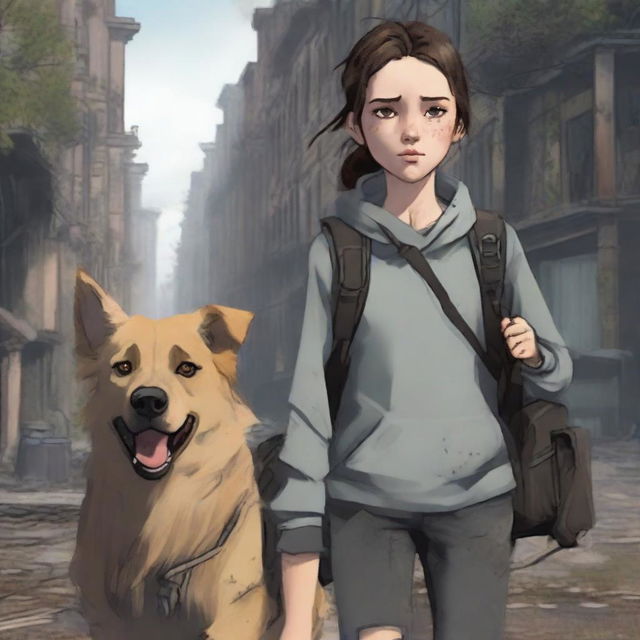 A realistic depiction of a 13-year-old girl with brunette hair pulled into a braid, freckles, and a scar on her eye, walking through a post-apocalyptic city next to her Golden Shepherd dog