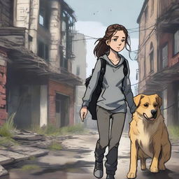 A realistic depiction of a 13-year-old girl with brunette hair pulled into a braid, freckles, and a scar on her eye, walking through a post-apocalyptic city next to her Golden Shepherd dog