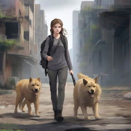 A realistic depiction of a 13-year-old girl with brunette hair pulled into a braid, freckles, and a scar on her eye, walking through a post-apocalyptic city next to her Golden Shepherd dog