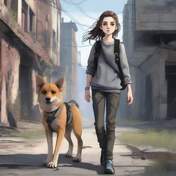 A realistic depiction of a 13-year-old girl with brunette hair pulled into a braid, freckles, and a scar on her eye, walking through a post-apocalyptic city next to her Golden Shepherd dog