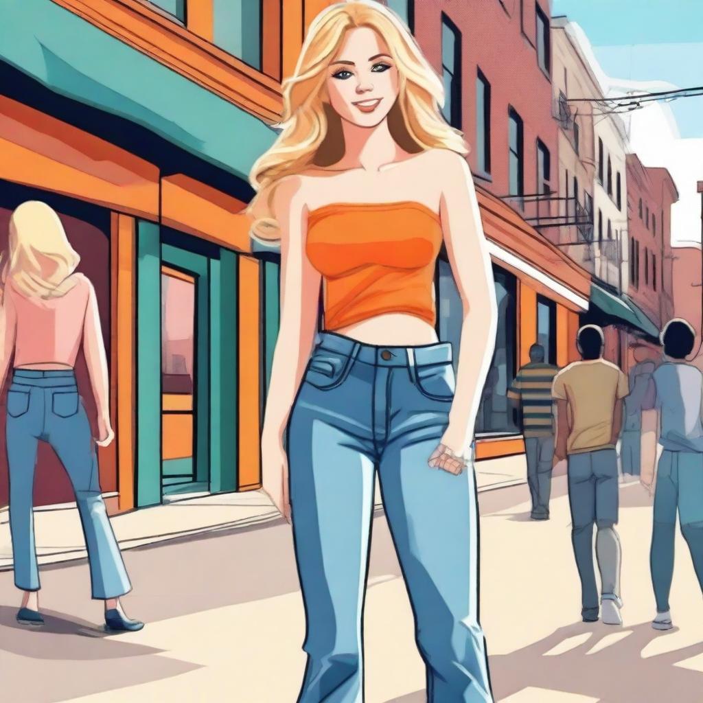 A girl with blond wavy hair wearing flared jeans and an orange top