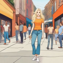 A girl with blond wavy hair wearing flared jeans and an orange top