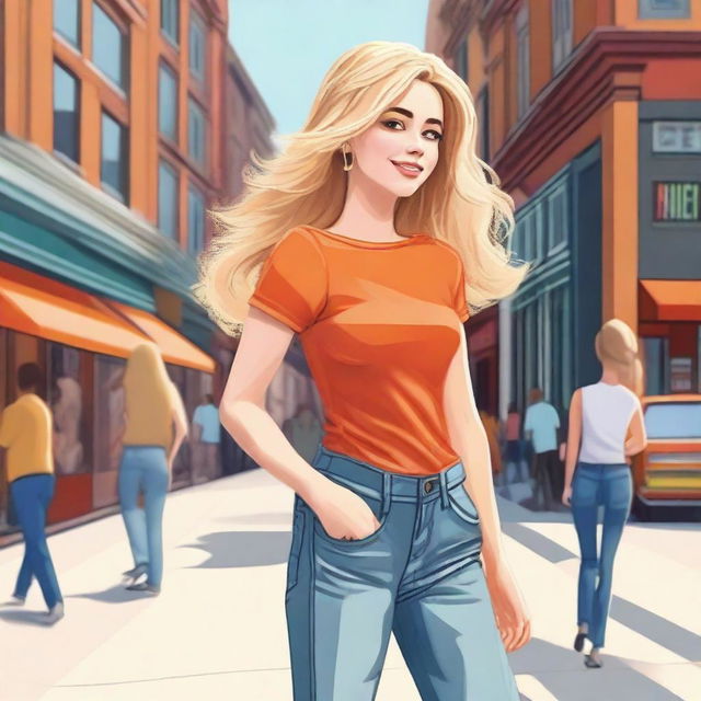 A girl with blond wavy hair wearing flared jeans and an orange top