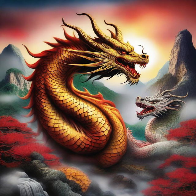 A majestic Chinese dragon and a powerful Western dragon facing each other in a dramatic landscape