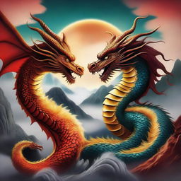 A majestic Chinese dragon and a powerful Western dragon facing each other in a dramatic landscape