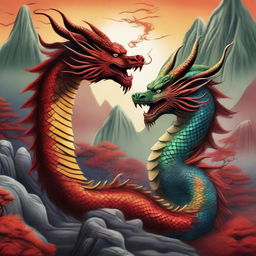 A majestic Chinese dragon and a powerful Western dragon facing each other in a dramatic landscape