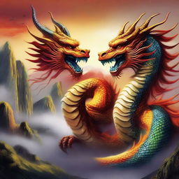 A majestic Chinese dragon and a powerful Western dragon facing each other in a dramatic landscape