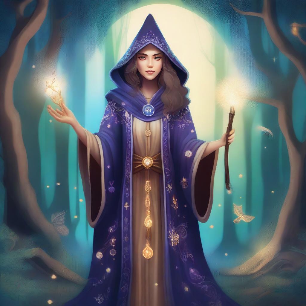 A detailed illustration of a female wizard inspired by Merlin