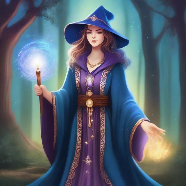 A detailed illustration of a female wizard inspired by Merlin