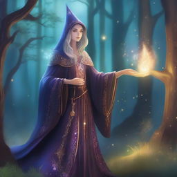 A detailed illustration of a female wizard inspired by Merlin