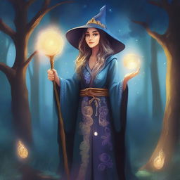 A detailed illustration of a female wizard inspired by Merlin