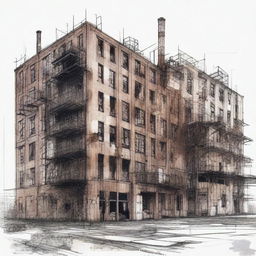 A subtractive free hand drawing of an old factory situated in a brownfield site, gradually transforming into collective housing