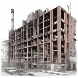 A subtractive free hand drawing of an old factory situated in a brownfield site, gradually transforming into collective housing