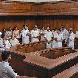 A dynamic courtroom scene in a district court in India, bustling with lawyers, the judge presiding from a wooden bench, litigants seeking justice and beautiful architectural details reflecting Indian culture.