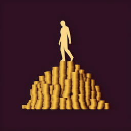 A logo featuring an anonymous man standing atop a pile of money, rendered in harmonious colors