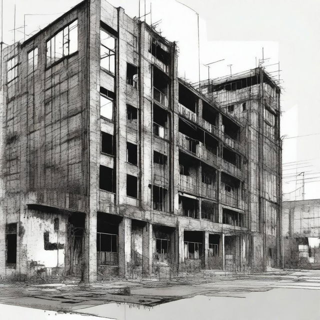 A subtractive free hand drawing of an old factory situated in a brownfield site, gradually transforming into collective housing