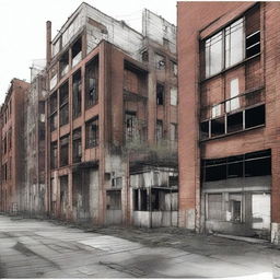 A subtractive free hand drawing of an old factory situated in a brownfield site, gradually transforming into collective housing